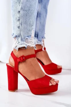 Clearance Zamszowe Sandały Na Słupku Czerwone Camilia Damskie Sandały Na Obcasie