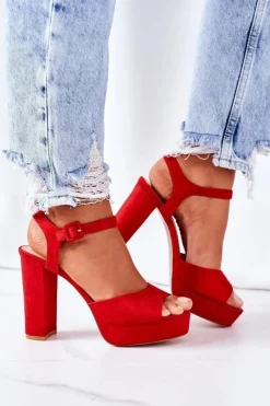 Clearance Zamszowe Sandały Na Słupku Czerwone Camilia Damskie Sandały Na Obcasie