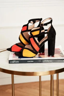 Zamszowe Sandały Na Słupku Czarno-Pomarańczowe Emolly Damskie Sandały Na Obcasie