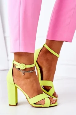 Hot Zamszowe Sandały Na Słupku Neonowe Żółte Destino Damskie Sandały Na Obcasie