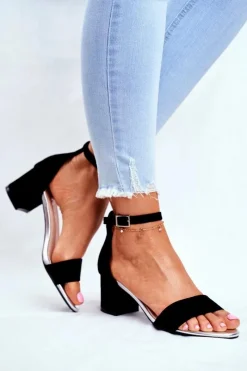 Buty Sergio Leone Zamszowe Sandały Na Słupku Sergio Leone SK839 Czarno-Srebrne