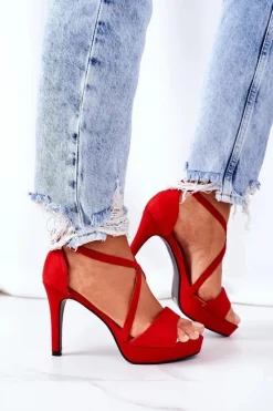 Boto Zamszowe Sandały Na Szpilce Czerwone Lizzy