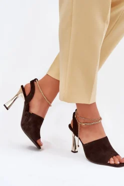Sandały Na Obcasie>CheBello Zamszowe Sandały Na Szpilce Z Ozdobną Bransoletą 4440 Czekoladowe Brązowy