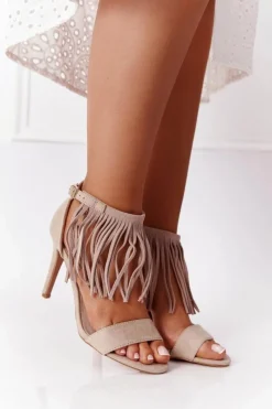Zamszowe Sandały Na Szpilce Z Frędzlami Beżowe Boho Swing Damskie Sandały Na Obcasie
