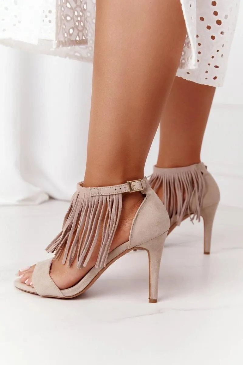 Zamszowe Sandały Na Szpilce Z Frędzlami Beżowe Boho Swing Damskie Sandały Na Obcasie