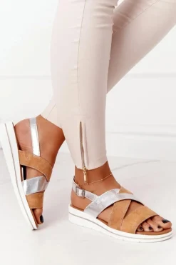 Sale Zamszowe Sandały Sergio Leone SK039 Beżowo-Srebrne Damskie Sandały Na Koturnie|Sandały Płaskie