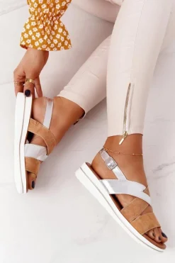 Sale Zamszowe Sandały Sergio Leone SK039 Beżowo-Srebrne Damskie Sandały Na Koturnie|Sandały Płaskie