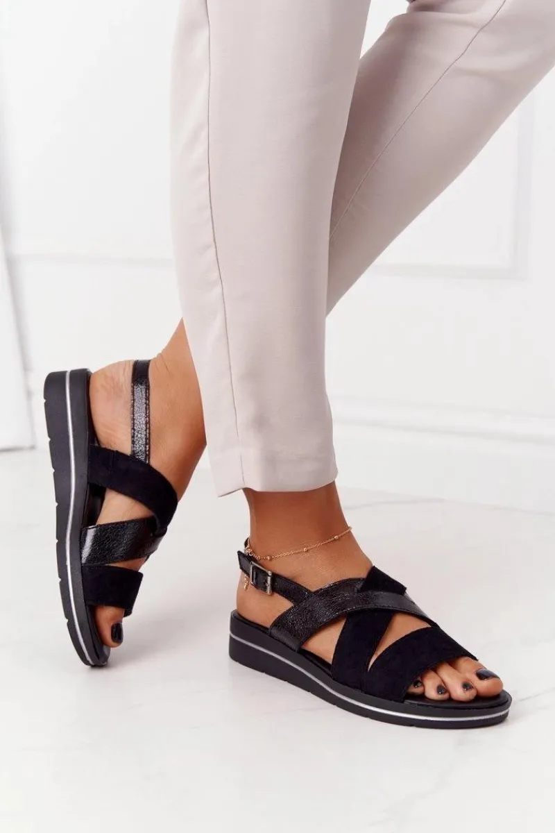 New Buty Sergio Leone Zamszowe Sandały Sergio Leone SK039 Czarno-Srebrne