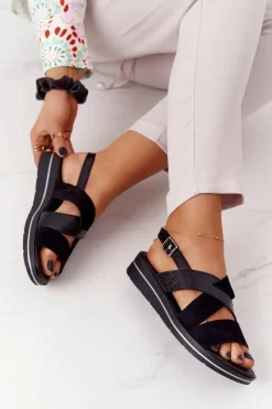 New Buty Sergio Leone Zamszowe Sandały Sergio Leone SK039 Czarno-Srebrne