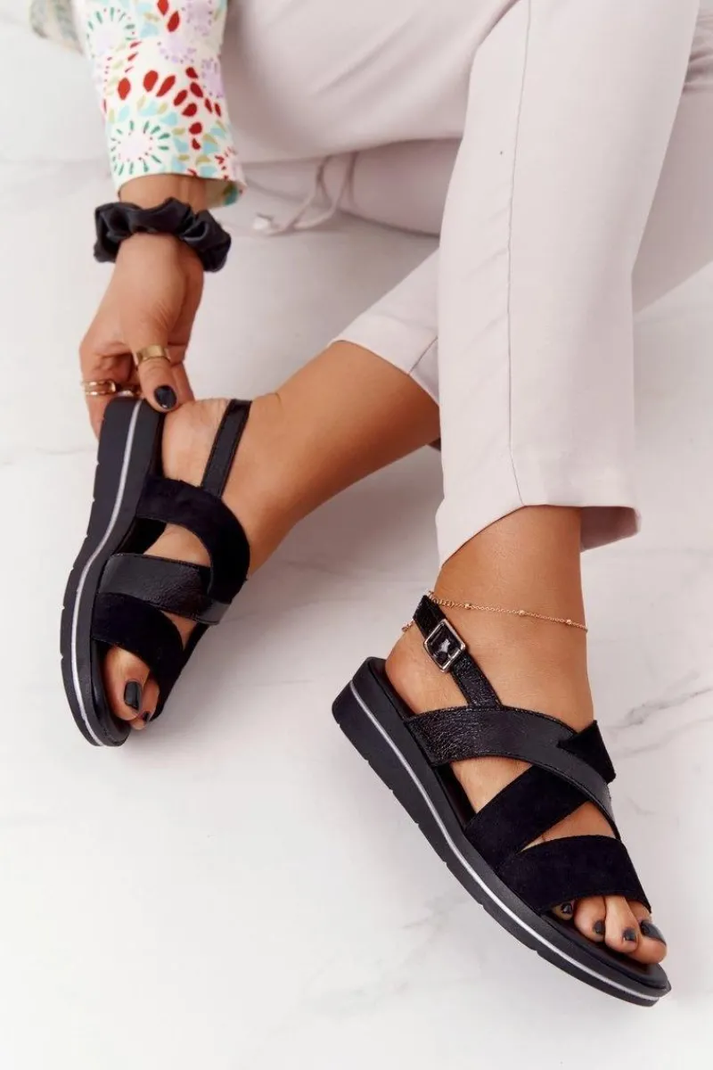 New Buty Sergio Leone Zamszowe Sandały Sergio Leone SK039 Czarno-Srebrne