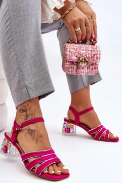 Zamszowe Sandały Z Kryształami Fuksja Callan Damskie Sandały Na Obcasie