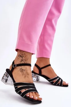 Damskie buty S.Barski Zamszowe Sandały Z Kryształami Czarne Callan Czarny