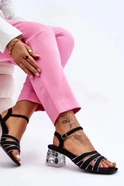 Damskie buty S.Barski Zamszowe Sandały Z Kryształami Czarne Callan Czarny