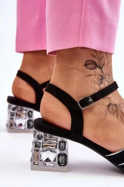 Damskie buty S.Barski Zamszowe Sandały Z Kryształami Czarne Callan Czarny