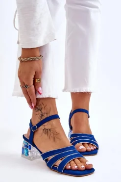 Sandały Na Obcasie>Damskie buty S.Barski Zamszowe Sandały Z Kryształami Niebieskie Callan