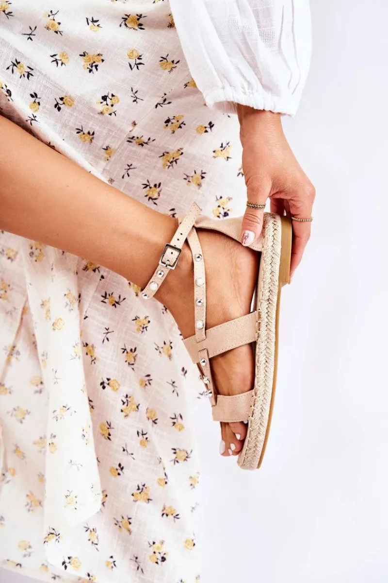 Sandały Płaskie>Damskie buty S.Barski Zamszowe Sandały Z Ćwiekami Beżowe Marey