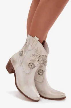 Outlet Zamszowe Skórzane Botki Damskie Ażurowe Na Obcasie 3844 Przecierany Damskie Botki Skórzane|Botki Na Słupku