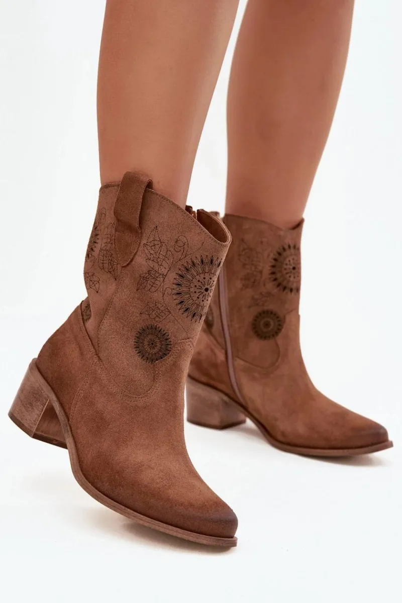 Zazoo Zamszowe Skórzane Botki Damskie Ażurowe Na Obcasie 3844 Brązowe Brązowy