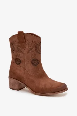 Zazoo Zamszowe Skórzane Botki Damskie Ażurowe Na Obcasie 3844 Brązowe Brązowy