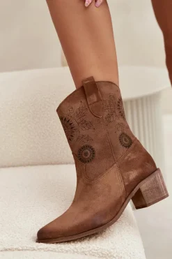 Zazoo Zamszowe Skórzane Botki Damskie Ażurowe Na Obcasie 3844 Brązowe Brązowy