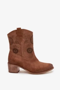 Zazoo Zamszowe Skórzane Botki Damskie Ażurowe Na Obcasie 3844 Brązowe Brązowy