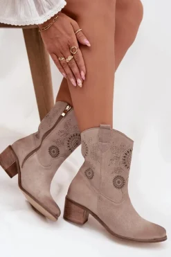 Botki Skórzane|Botki Na Słupku>Zazoo Zamszowe Skórzane Botki Damskie Ażurowe Na Obcasie 3844 Cappuccino Beżowy