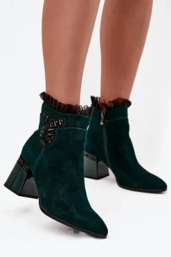 Discount Zamszowe Skórzane Botki Damskie Na Słupku Z Ozdobą Ocieplane MR52-127 Butelkowa Zieleń Damskie Botki Ocieplane|Botki Skórzane