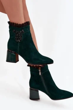 Discount Zamszowe Skórzane Botki Damskie Na Słupku Z Ozdobą Ocieplane MR52-127 Butelkowa Zieleń Damskie Botki Ocieplane|Botki Skórzane