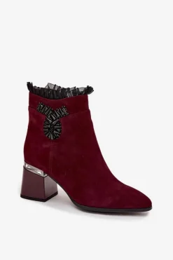 New D&A Zamszowe Skórzane Botki Damskie Na Słupku Z Ozdobą Ocieplane MR52-127 Bordowe Czerwony