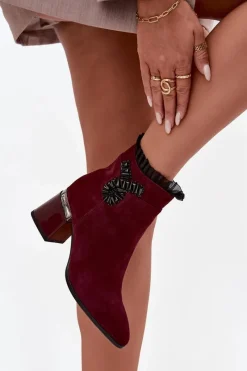 New D&A Zamszowe Skórzane Botki Damskie Na Słupku Z Ozdobą Ocieplane MR52-127 Bordowe Czerwony