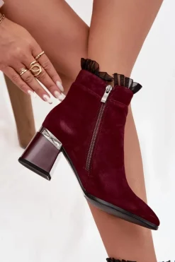 New D&A Zamszowe Skórzane Botki Damskie Na Słupku Z Ozdobą Ocieplane MR52-127 Bordowe Czerwony