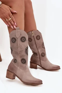 Sale Zamszowe Skórzane Kozaki Damskie Z Ażurowym Wzorem 3852 Cappuccino Damskie Kozaki Ażurowe|Kozaki Przed Kolano