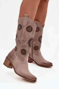 Sale Zamszowe Skórzane Kozaki Damskie Z Ażurowym Wzorem 3852 Cappuccino Damskie Kozaki Ażurowe|Kozaki Przed Kolano