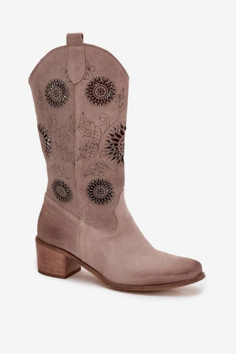 Sale Zamszowe Skórzane Kozaki Damskie Z Ażurowym Wzorem 3852 Cappuccino Damskie Kozaki Ażurowe|Kozaki Przed Kolano