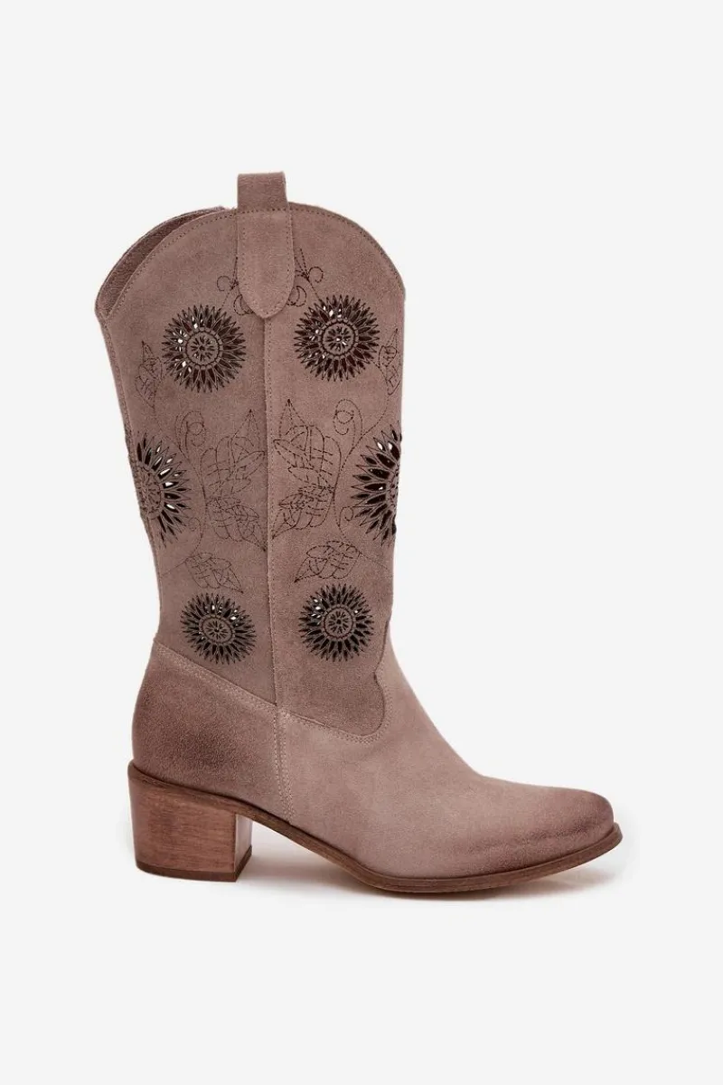 Sale Zamszowe Skórzane Kozaki Damskie Z Ażurowym Wzorem 3852 Cappuccino Damskie Kozaki Ażurowe|Kozaki Przed Kolano