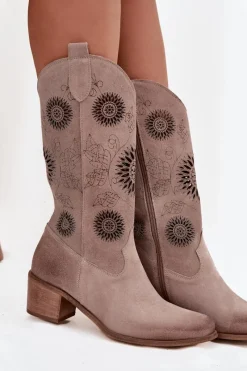 Sale Zamszowe Skórzane Kozaki Damskie Z Ażurowym Wzorem 3852 Cappuccino Damskie Kozaki Ażurowe|Kozaki Przed Kolano