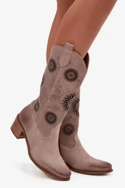 Sale Zamszowe Skórzane Kozaki Damskie Z Ażurowym Wzorem 3852 Cappuccino Damskie Kozaki Ażurowe|Kozaki Przed Kolano