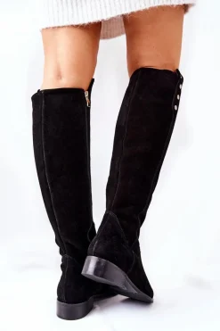 Sale Zamszowe Skórzane Kozaki Lewski 2840 Czarne Damskie Kozaki Za Kolano|Kozaki Płaskie