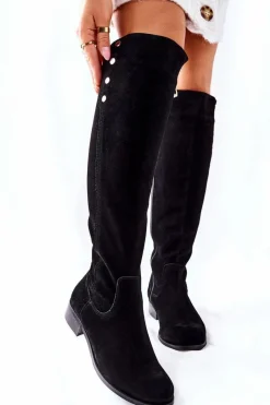 Sale Zamszowe Skórzane Kozaki Lewski 2840 Czarne Damskie Kozaki Za Kolano|Kozaki Płaskie