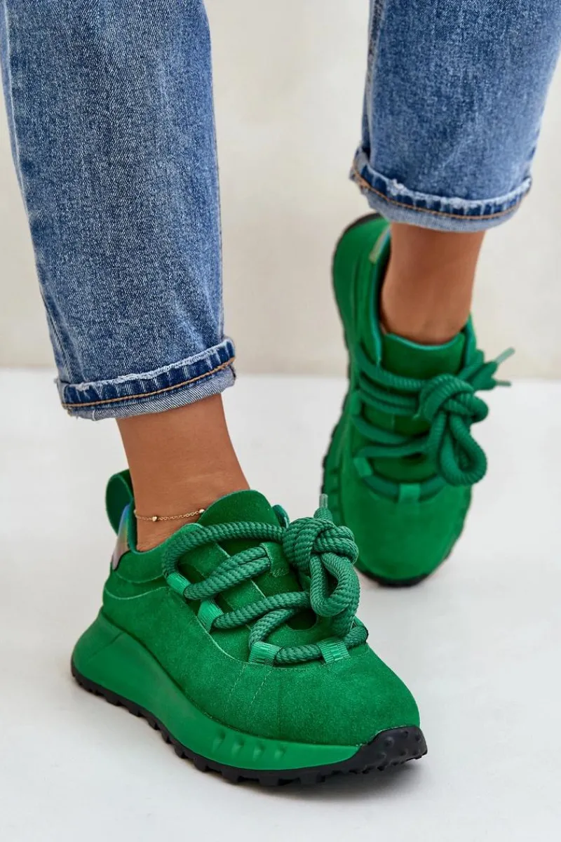 Online Artiker Zamszowe Sneakersy Damskie Z Grubym Sznurowaniem 55C0099 Zielone