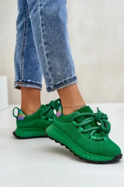 Online Artiker Zamszowe Sneakersy Damskie Z Grubym Sznurowaniem 55C0099 Zielone