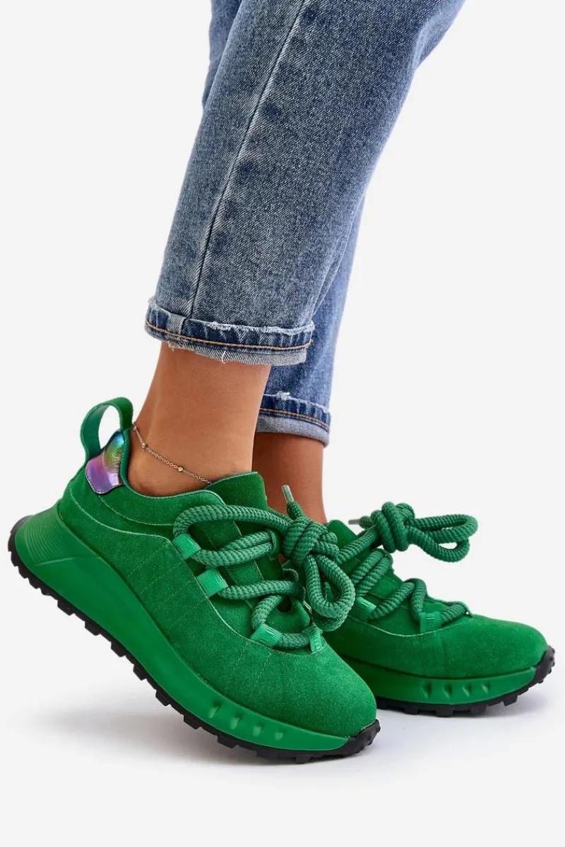Online Artiker Zamszowe Sneakersy Damskie Z Grubym Sznurowaniem 55C0099 Zielone