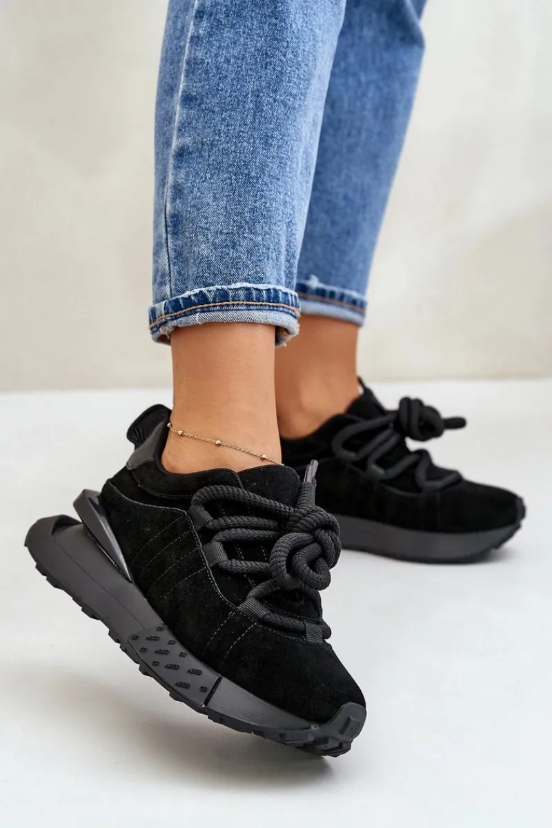 Discount Boto Zamszowe Sneakersy Damskie Na Platformie Z Grubym Sznurowaniem Artiker 54C1464 Czarne Czarny