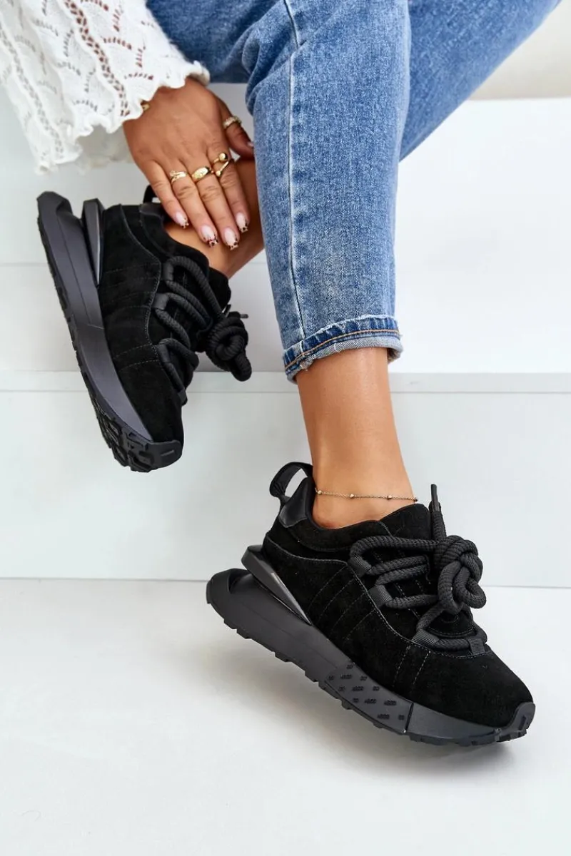 Discount Boto Zamszowe Sneakersy Damskie Na Platformie Z Grubym Sznurowaniem Artiker 54C1464 Czarne Czarny