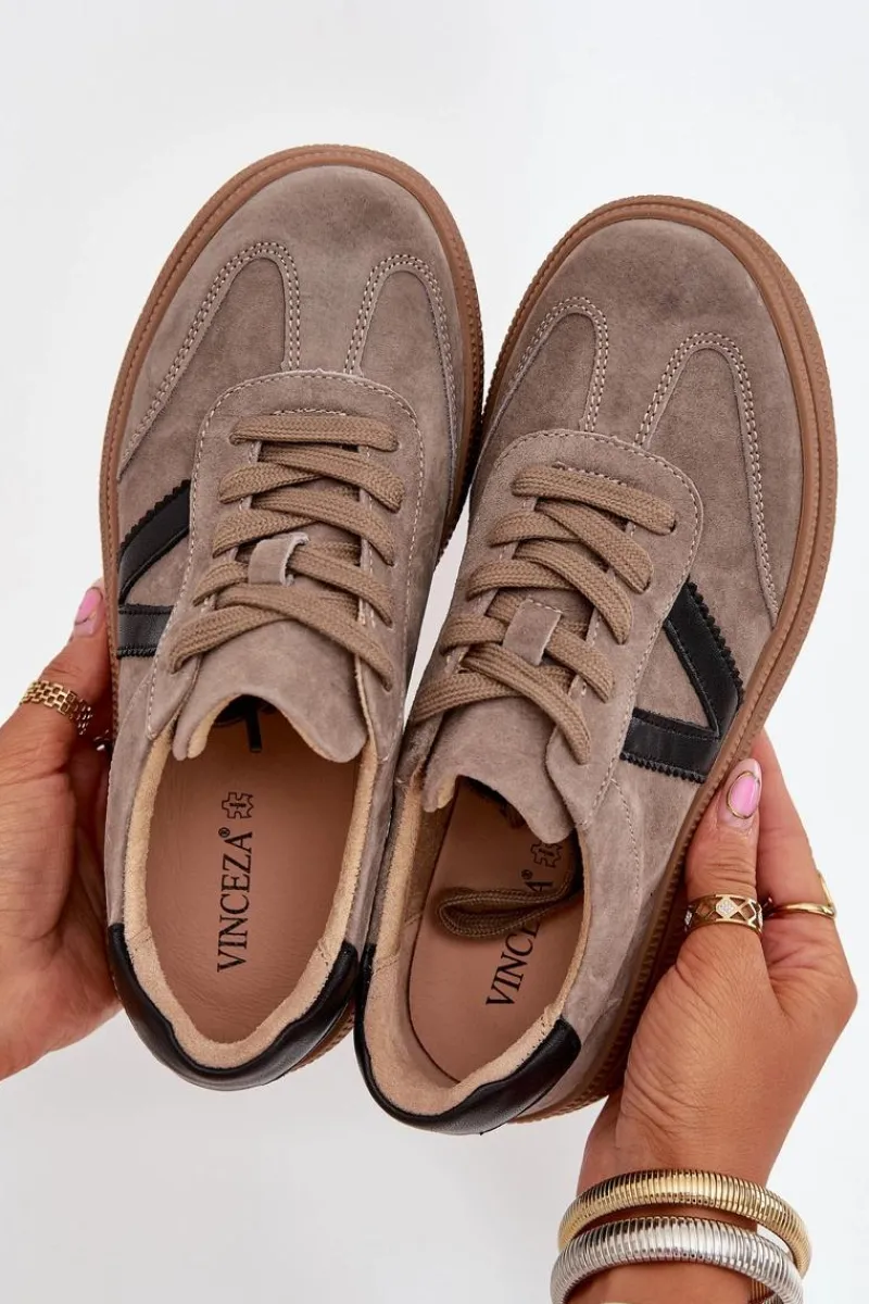 Zamszowe Sneakersy Damskie Na Platformie Vinceza 79562 Ciemnobeżowe Damskie Sneakersy Damskie