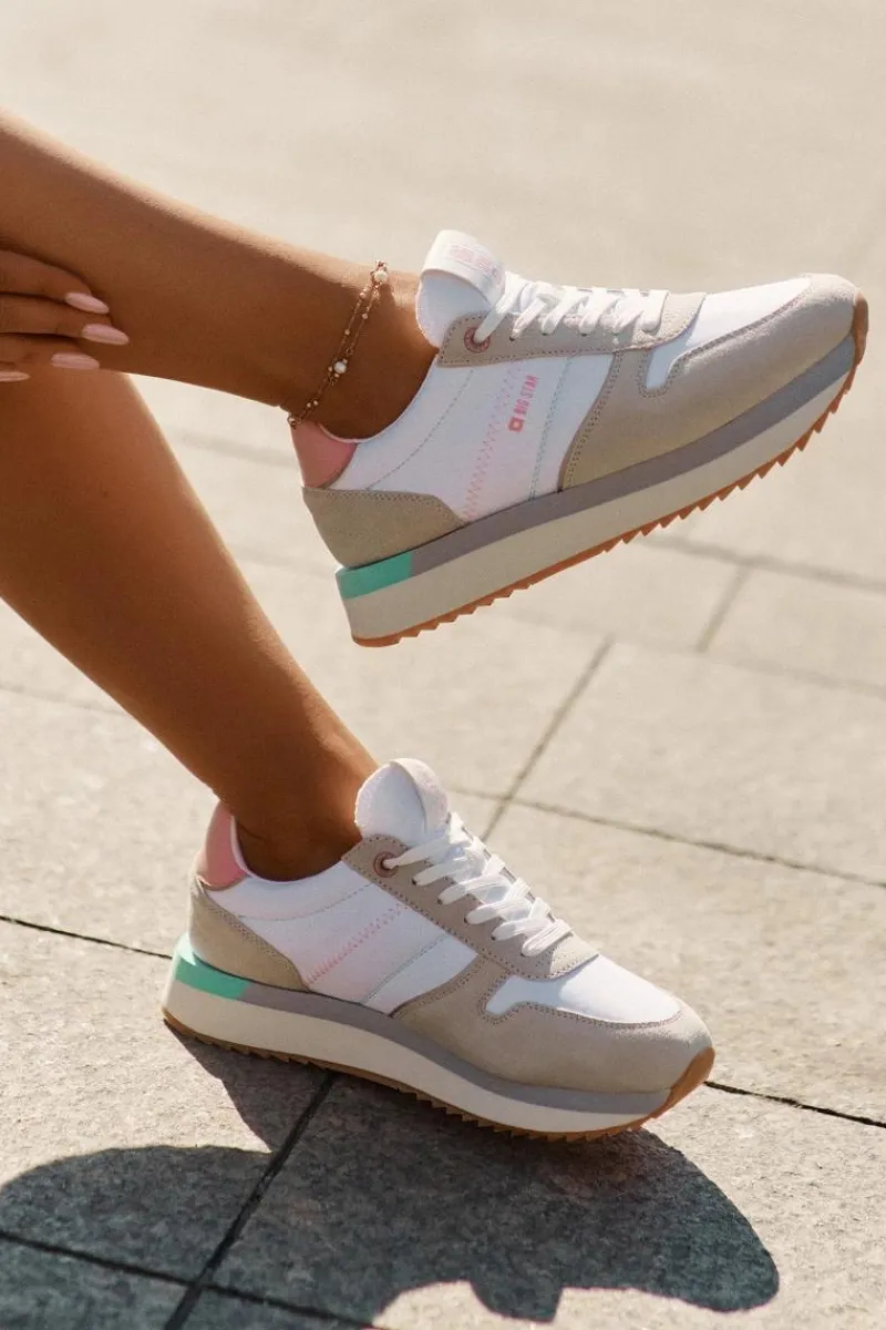 Buty Sportowe Big Star|Sneakersy Damskie>Big Star Shoes Zamszowe Sneakersy Damskie Big Star RR274A047 HI-POLY SYSTEM Beżowo-Białe