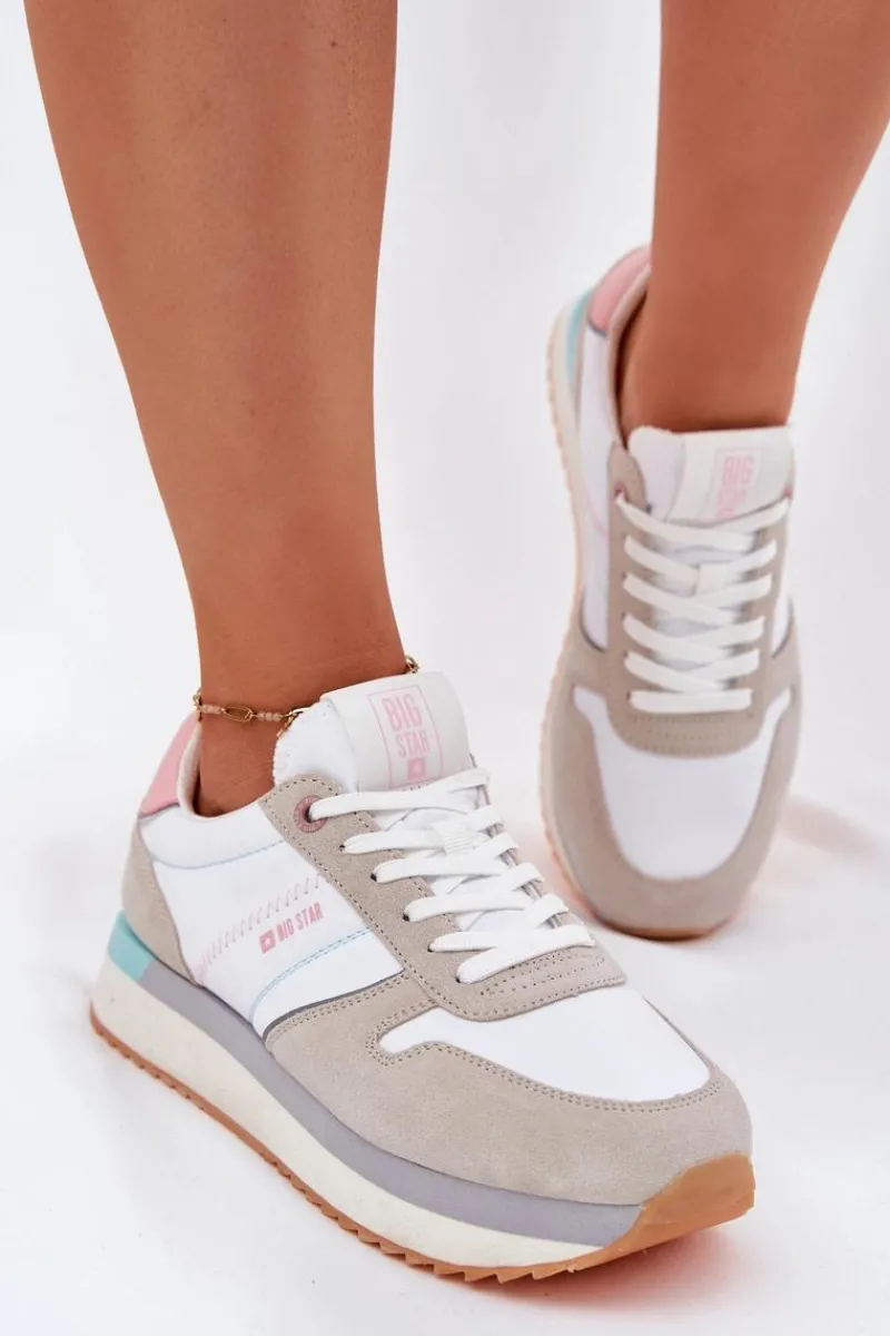 Buty Sportowe Big Star|Sneakersy Damskie>Big Star Shoes Zamszowe Sneakersy Damskie Big Star RR274A047 HI-POLY SYSTEM Beżowo-Białe