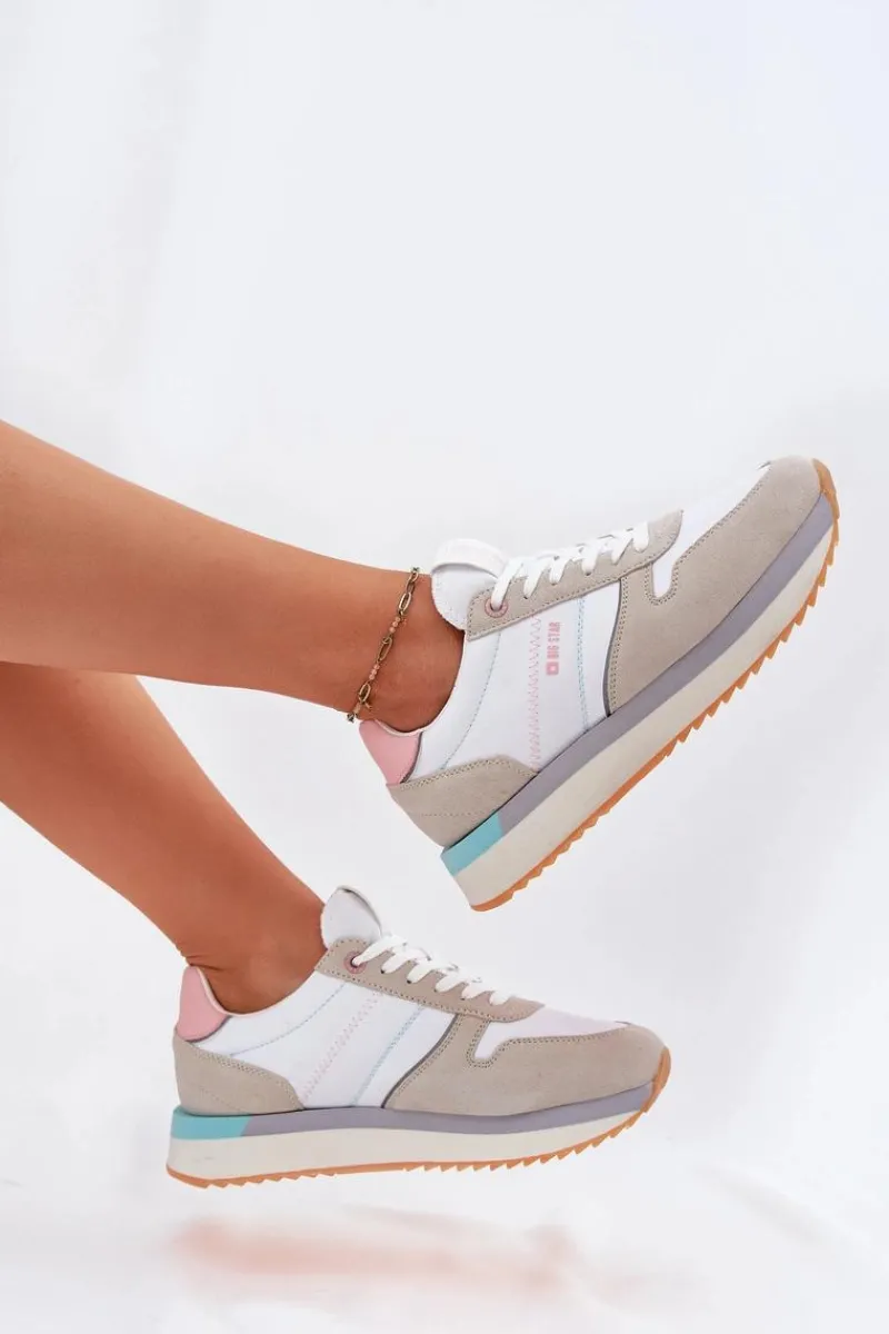 Buty Sportowe Big Star|Sneakersy Damskie>Big Star Shoes Zamszowe Sneakersy Damskie Big Star RR274A047 HI-POLY SYSTEM Beżowo-Białe