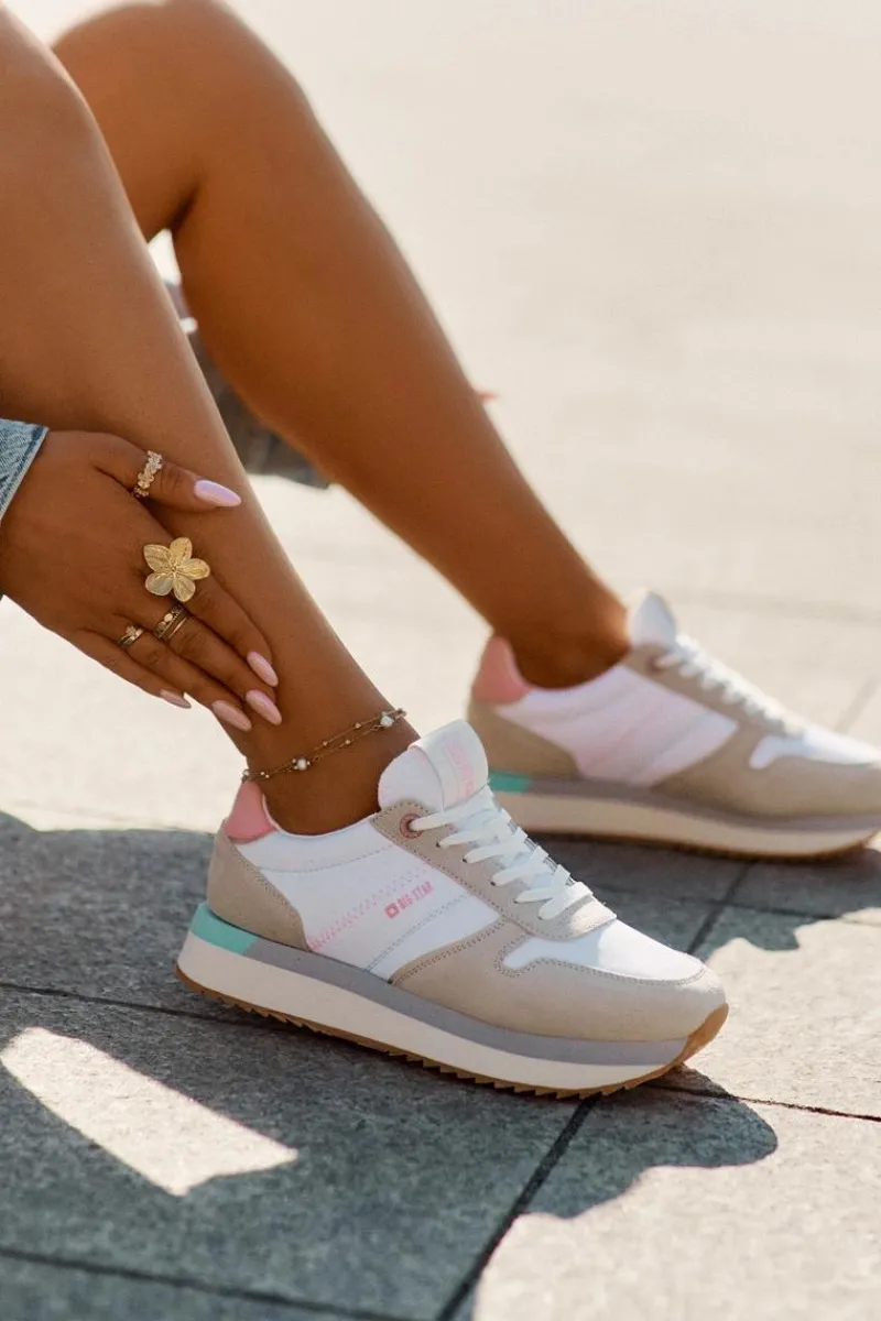 Buty Sportowe Big Star|Sneakersy Damskie>Big Star Shoes Zamszowe Sneakersy Damskie Big Star RR274A047 HI-POLY SYSTEM Beżowo-Białe