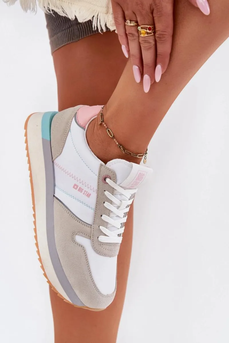 Buty Sportowe Big Star|Sneakersy Damskie>Big Star Shoes Zamszowe Sneakersy Damskie Big Star RR274A047 HI-POLY SYSTEM Beżowo-Białe